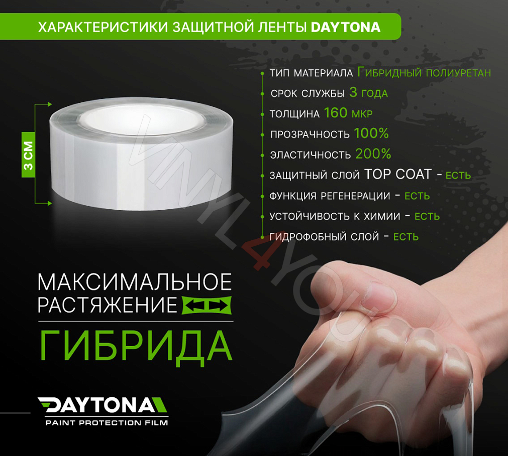 Защитная лента гибридный полиуретан DAYTONA PPF H300 ширина 3см (длина 15 м)